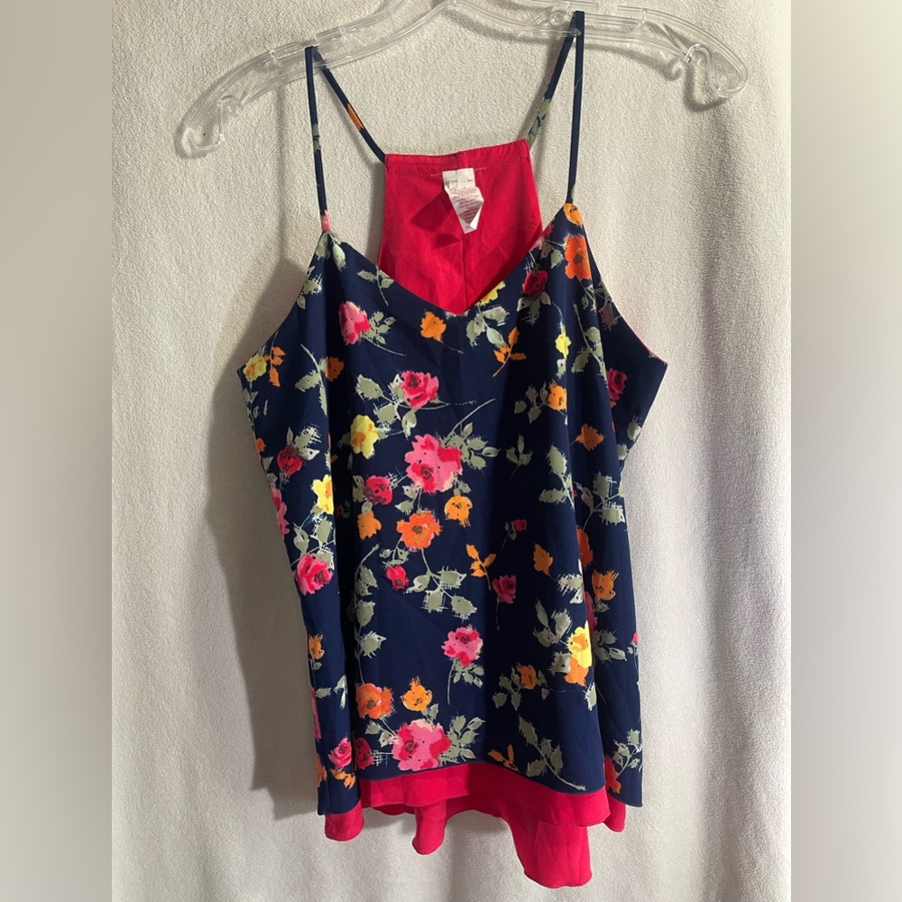 Candies Reversible Floral Spaghetti Strap Top - Navy and Pink. Size Medium